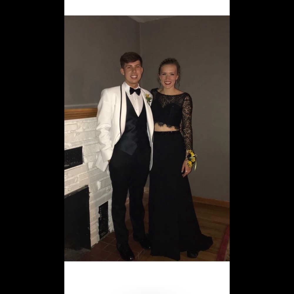 Black Long Lace Sleeve Two Piece Prom Dress